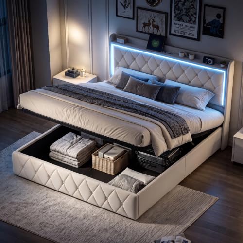 BPKADHY Cama tapizada de matrimonio 160x200 cm con 2 USB-C y cabecera LED, cama con espacio de almacenamiento, cama familiar con estructura metálica hidráulica y somier de madera, terciopelo, beige