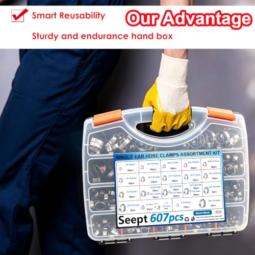 Image of 607Pcs 22 Sizes Single Ear Hose Clamps with Pliers 5.3-33.1mm 304 Stainless Steel Crimp Hose Clamps Assortment Kit Perfect for Automotive /Home Appliance /Water Pipe and Fuel Line