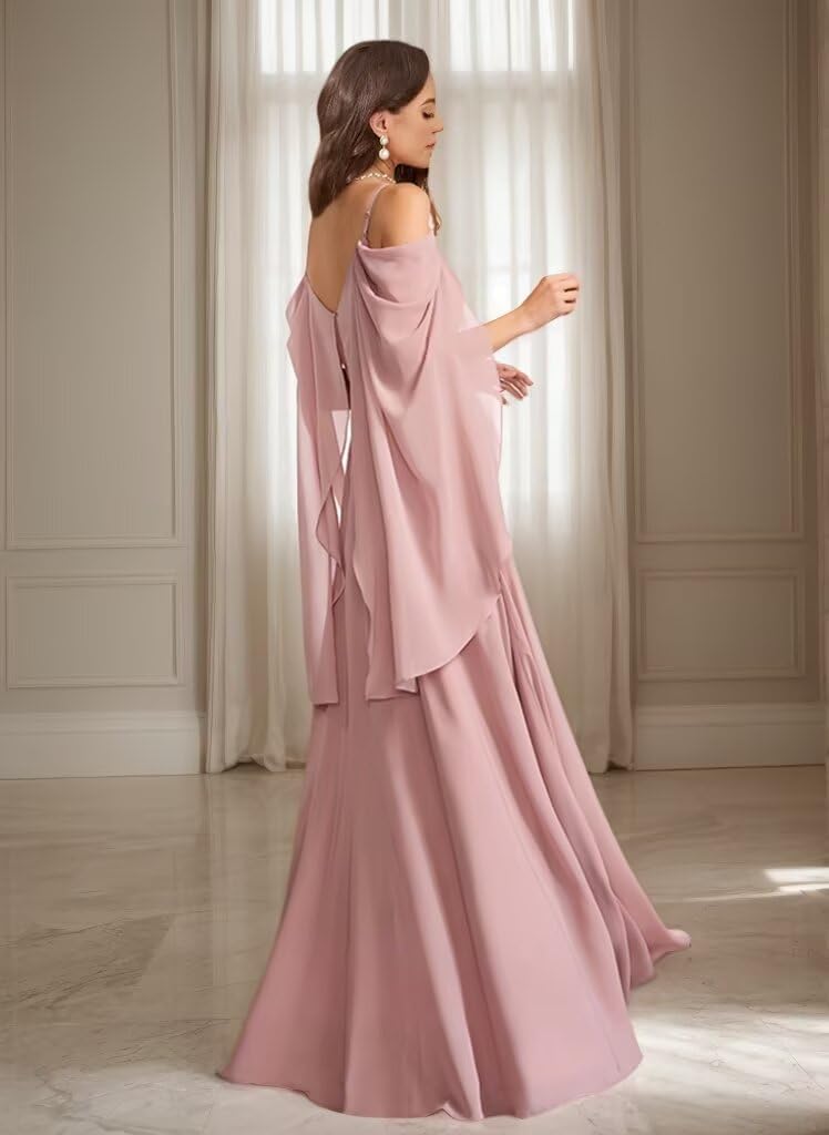 Cold Shoulder Cape Sleeve Bridesmaid Dress for Women Chiffon V Neck Long Wedding Guest Dresses XD03 - Image 3