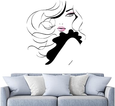 Sexy Girl Beauty Long Hair Face Makeup Salon Wall Stickers Home Decor Living Room Removable Vinyl Barbershop Wall Decal A536 Black Girl + Pink Lips