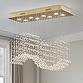 Siljoy Modern Crystal Chandelier Gold Rectangular Wave Raindrop Chandelier 8 Lights Rectangle Flush Mount Ceiling Light Pendant Light Fixture for Dining Room Living Room Kitchen Island L31.5''