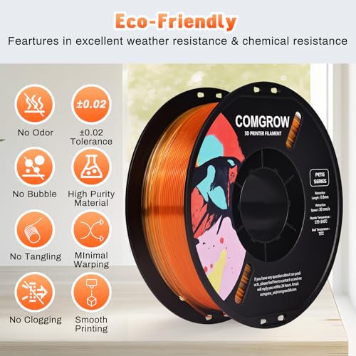 Image of Comgrow PETG 3D Printer Filament 1.75mm, High Precision and Tough 3D Printer Filament 1kg (2.2LBS), Dimensional Accuracy + /- 0.02 mm, Fit Most 3D Printers Gradient Orange White