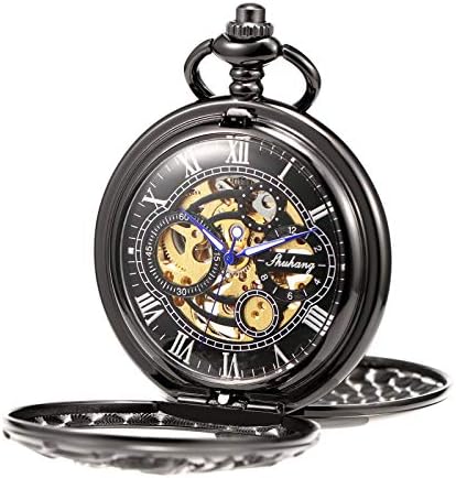 TREEWETO Mens Mechanical Pocket Watch Dream Dragon Skeleton Half Hunter Double Open Silver/Bronze/Black Case for Man