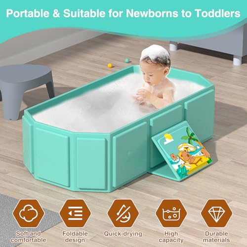 Image of Portable Folding Baby Bath Tub, 29.5L x 17.7W x 9.8H inches, Suitable for 0-6 Years, Pink /Mint Green (Green)