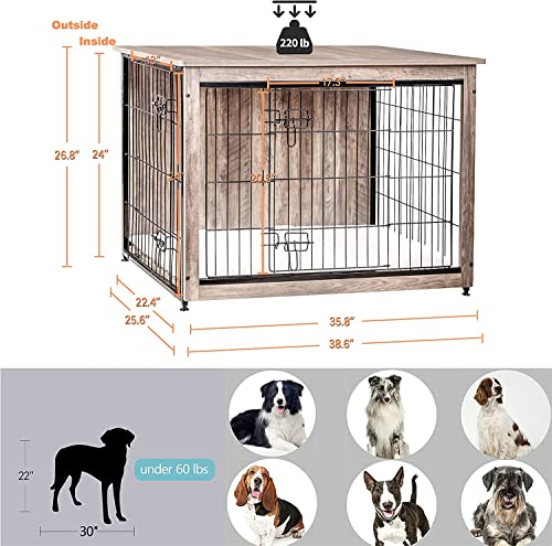 image for DWANTON Dog Crate Furniture with Cushion, Wooden Kennel Table with Dou