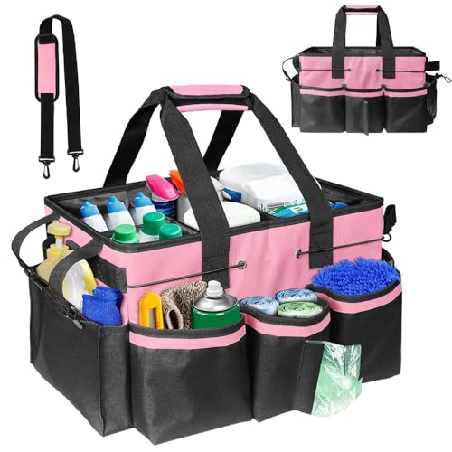 Jonuin Cleaning Caddy with Handle Professional Cleaning Bag with Detachable Divide Adjustable Shoulder Strap & Waist Belt Large Cleaning Caddy for Cleaning Supplies Home Car Garden Craft (Pink)