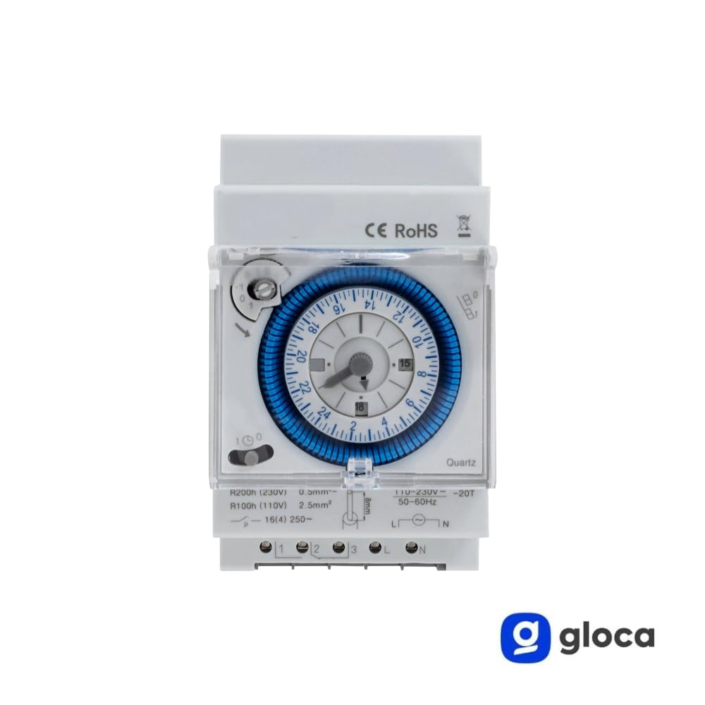 gloca Timer Orario Meccanico 24 Ore - Interruttore Orario Temporizzatore Giornaliero su Guida DIN, 16A, 85-250V AC, 50/60Hz, Programmatore Analogico per Luci e Impianti Elettrici