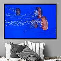 Framed Canvas Wall Art Jellyfish Floating Colorful Fish Group Marine Life Multicolor Nautical Photography Realism Ultra - 16x24 inches