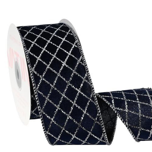 Vatin Navy Velvet Ribbon With Silver Argyle Glitter Pattern, 2-1/2-Inch X 10 Yards, Luxury Christmas Gift Wrap Ribbon For Decorations, Gift Wrapping