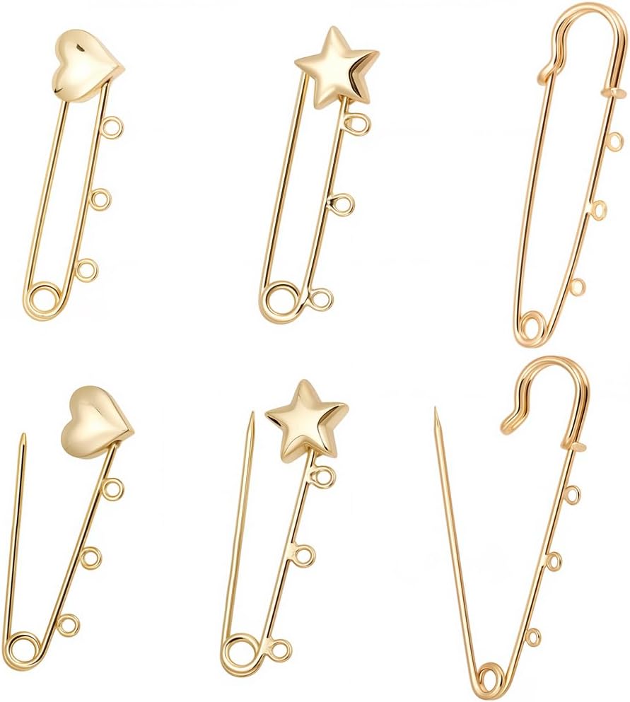 SUNNYCLUE 1 Box 3 Styles Real 18k Gold Plated Safety Brooch Pins Kilt Pin Brooch Metal Brass Heavy Duty 3 Loops Star Heart Fastener Clasp Safety Pin for Jewelry Making Hat Skirt Clothes Accessories