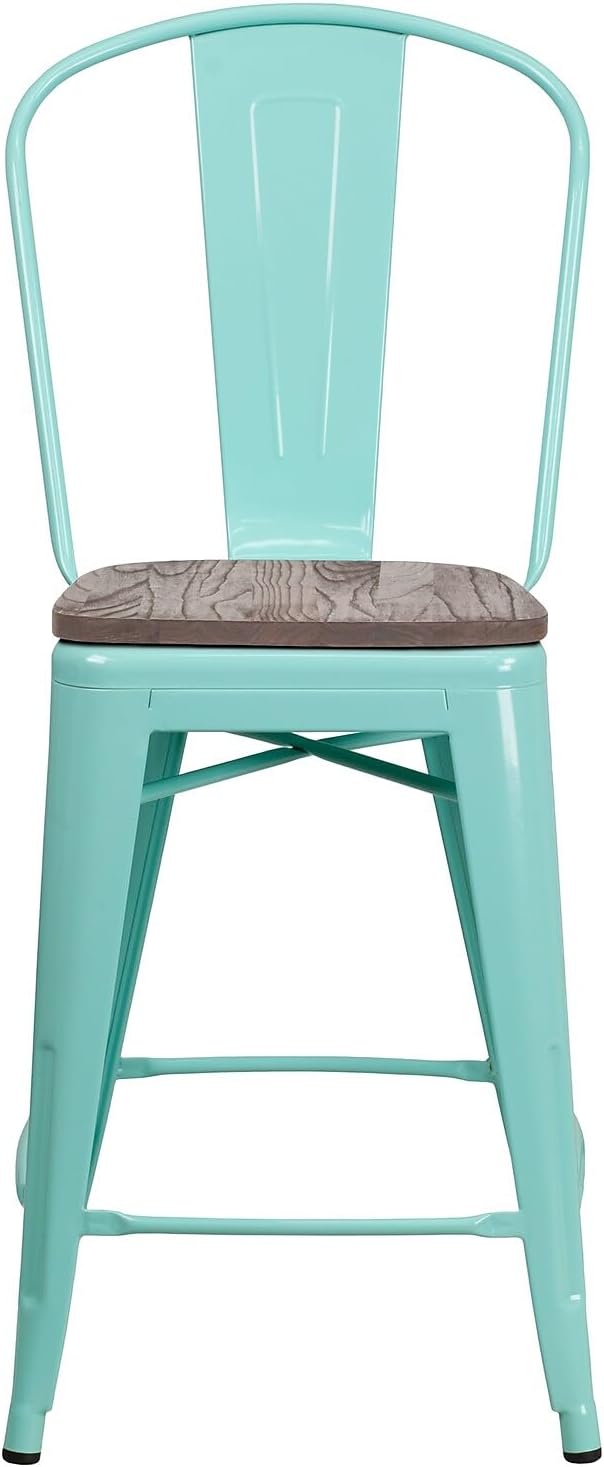 Flash Furniture Blake 4 Pk. 24" High Mint Green Metal Counter Height Stool with Back and Wood Seat