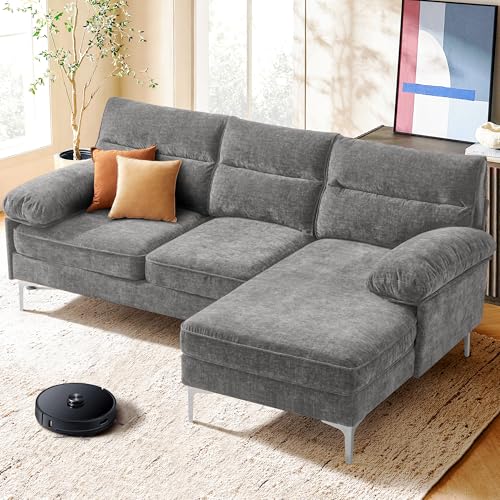 Image of Ihanherry Convertible Sectional Sofa, 85' 3 Seat L-Shaped Modern Chenille Fabric Modular Sofa, Reversible Wide Chaise & Fluffy Armrests, Grey