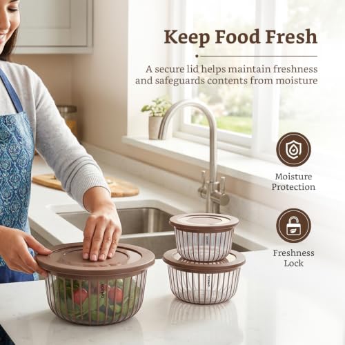 Image of Amazon Brand - Solimo Better Home Linea Transparent Plastic Storage Bowls Food Grade Set of 3 (1.3L, 2.3L, 3.8L) | BPA-Free, Stackable Kitchen Containers with Lids, Brown