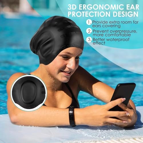 Image of TEKCOOL Designed Long Hair Swim Cap,Waterproof Silicone Swimming Cap for Adult Woman and Men,Keeps Hair Clean with Ear Protector Fresh Long Lasting Silicone Made Waterproof Swimming Cap(Black).