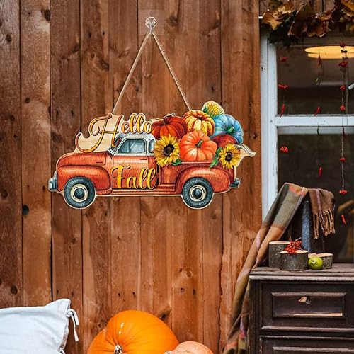 Image of ANGEL INFINITE Hello Fall Wooden Wall Hanging Decor | Premium Harvest Truck Decorative Sign with Pumpkins & Sunflowers | Rustic Autumn Door Hanging for Living Room & Entrance (34x18 cm)