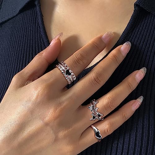 Sanfenly 15 Pcs Y2k Rings For Women Irregular Adjustable Open Ring Vintage Punk Grunge Gothic Goth Moonstone Star Thorn Heart Cross Bud Bow Ring Set3