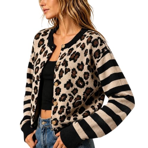 Leopard Cardigan Sweaters for Women Y2k Striped Colorblock Knit Coat - image 2