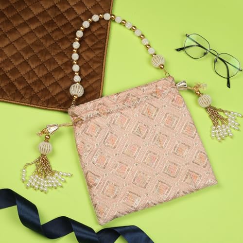 Image of LONGING TO BUY Indian Embroidered Pearl Potli Bag For Women, Sequence Design with Tassel, Wedding Potli Bags