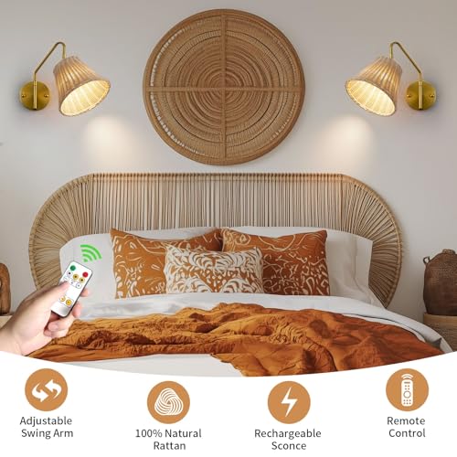 Image of Boho Battery Operated Wall Sconce, 100% Natural Rattan Wall Sconces Set of Two Battery Operated, Adjustable Battery Wall Sconce, Remote Rechargeable Sconce, Wirless Battery Sconces for Bedroom