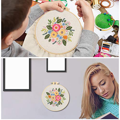 Aboofx Embroidery Kit, Embroidery Starter Kit with Pattern and Instructions, Cross Stitch Kit Include 1 Embroidery Clothes with Floral Pattern, 1 Plastic Embroidery Hoops,Color Threads and Tools