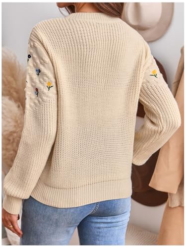 Image of BEAUDRM Women's Floral Embroidery Sweaters Long Sleeve Round Neck Knitted Pullover Tops Beige Small