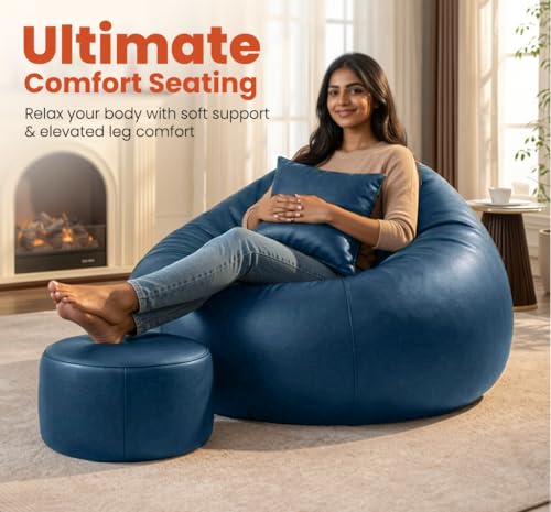 Image of Sattva Classic 4XL Sofa Style Bean Bag Chair with Beans Filled | Faux Leather Bin Bags Sofa Set with Footstool & Cushion for Adults | Beam Bag, Large Beanbags for Home & Office - Navy Blue