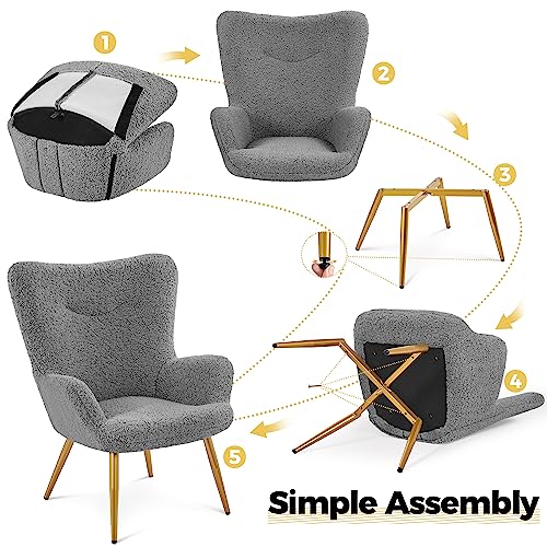 Yaheetech Ohrensessel mit Hocker Polyester-Bezug, Fernsehsessel Armlehnensessel Polstersessel Relaxsessel Cocktailsessel Teddy-Plüsch Stilvolles Design Grau