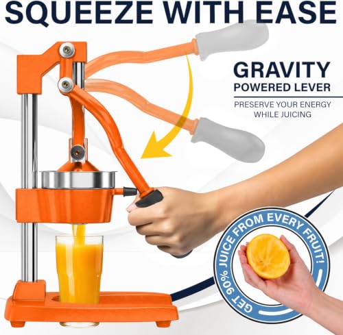 Image of Eurolux Ultra-Premium Cast Iron Juicer | Extra-Large, Heavy Duty, Commercial Grade, Stainless Steel Manual Hand Press Citrus Squeezer For Fresh Orange Juice, Pomegranate, Lemon, and Much More (Orange)