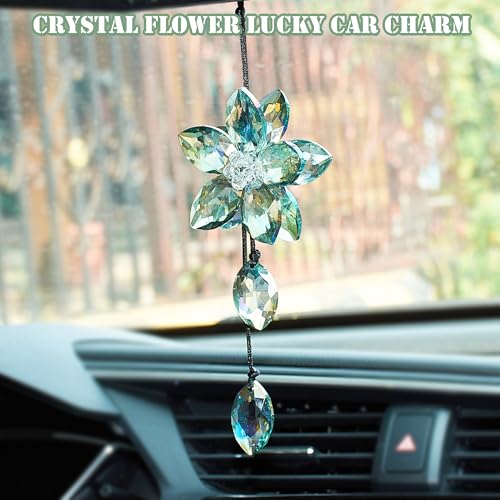 Image of Crystal Flower Car Rear View Mirror Hanging Ornament - Sparkles with Rainbows for a Sense of Luck and Happiness Car Interior Accessories (Charming Green)