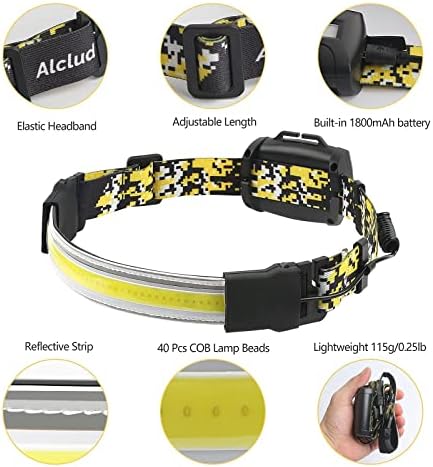 Alclud Head Torch Rechargeable, Headlamp 230° Wide Beam 500LM Bright COB Headlight for Adults Kids, Camping, Running, Fishing, Dog Walking, Hat, Attic and Basement (USB Rechargeable)