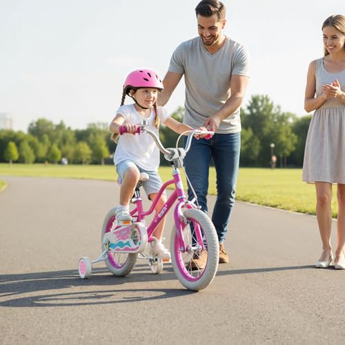 BABY JOY Girls Bike, 12&rdquo; 14&rdquo; 16&rdquo; 18&rdquo; Kids Bike for 3-8 Years Old with Training Wheels, Adjustable Seat & Handlebar, Handbrake & Coaster Brake (14 Inch, Pink, Star Pattern)