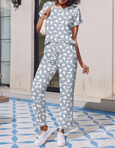 Image of Ekouaer 2 Pack Pajamas for Women Set Short Sleeve Sleepwear Top and Pants Pjs Soft Printed Lounge Sets with Pockets