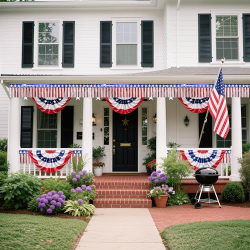 Image of 4 Packs 4th of July 250 Anniversary USA Decor, Red White and Blue Fringe Curtain Tinsel Streamers, Star Flag Hanging Backdrop Banner Table Skirts for Patriotic Party Independence Day