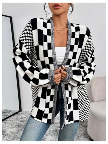 Image of MakeMeChic Women's Checkered Plaid Cardigan Sweater Long Sleeve Open Front Oversized Cardigans
