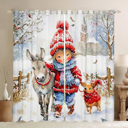 Kawaii Girl Window Curtain for Kids Farm Donkey Dog Animal Window Treatment Curtain Merry Christmas Curtains for Bedroom Winter Snow Scene Window Drapes,52Wx96L