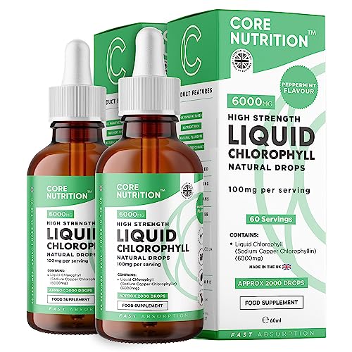 Liquid Chlorophyll Drops for Water - High Strength of 12 000mg per 2X 60ml Bottle at 4X Concentration - 4 Month Supply of Chlorophyll Liquid Drink - Made in UK by Core Nutrition (2X Pack)
