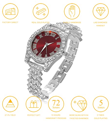 Image of Halukakah Diamonds Gold Watch Iced Out, Kid's 18K Real Gold /Platinum White Gold Plated 36MM Width Green /Blue /Red Dial Quartz Wristband 8 inch with Cuban Link Chain 7 inch+16 inch Bracelet, Free Giftbox