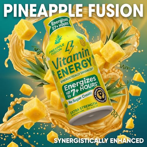 Image of Vitamin Energy Pineapple Fusion Extra Strength Energy Shot, 12 Pack - Up to 7 Hrs, 260mg Natural Caffeine, Zero Sugar - Green Tea Extract, Immune Support, B12 B6 Niacin, 1.93 fl oz, Keto Vegan