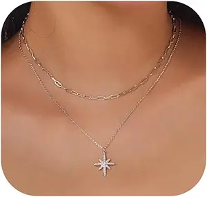 Gold Necklace for Women Dainty Layered Diamond Necklace Trendy 14K Gold Plated Paperclip Choker Necklaces Cute Minimalist Open Oval Star Necklaces Jewelry for Women Gifts