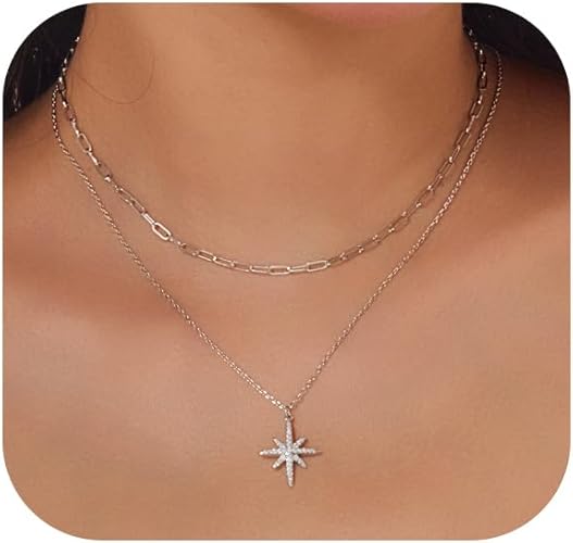 Gold Necklace for Women Dainty Layered Diamond Necklace Trendy 14K Gold Plated Paperclip Choker Necklaces Cute Minimalist Open Oval Star Necklaces Jewelry for Women Gifts