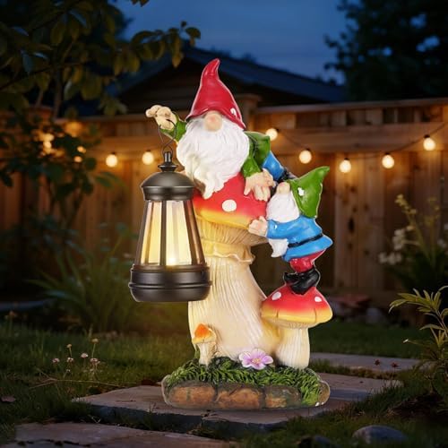 Garden Gnomes Outdoor Statues with Light, Gnomes Decorations for Yard, Solar Garden Gnome Climbing on Mushroom, Lawn Ornaments for Patio, Balcony Housewarming- Unique Women Gifts