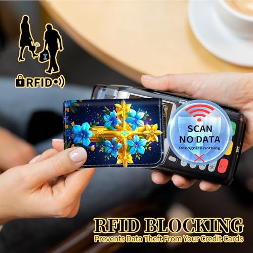 Credit Card Holder with Zipper, Slim RFID Blocking Card Wallet for Women Men Golden Cross Design PU Leather Small Accordion Card Case Wallet, ID Card Organizer, Pocket Business Card Case4