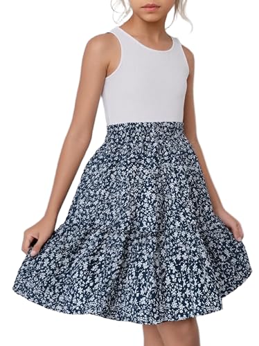 New 6-14 Years Seecholso Girls Casual Dress Ribbed Knit Tank Top Floral Skirt Elastic Waist Summer A-Line