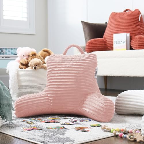 Image of Nestl Reading Pillow for Kids & Teens with Shredded Memory Foam, Luxe Cut Plush Backrest Pillows for Reading and Gaming, for use on Couch or Bed, Adjustable Support with Washable Cover Peach Beige