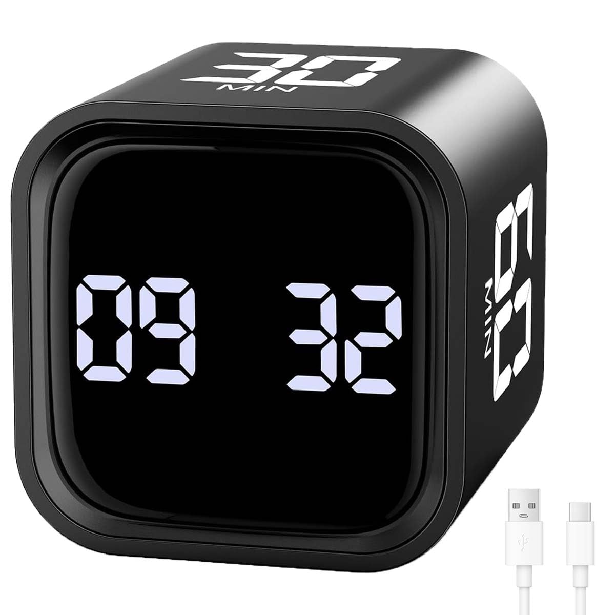 OQIMAX 2 in 1 Digitaler Timer Stoppuhr, Drehbarer Cube Wiederaufladbarer Küchentimer, 3-stufiger Lautstärke, Voreingestellte & Benutzerdefiniert – für Küche, Studium, Sport, Yoga, bis 99 Min 59 Sek