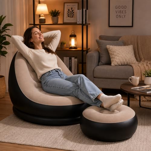 Image of Inflatable Air Sofa Chair with Ottoman & Automatic Electric Pump, Portable Flocked Blow Up Lounge Chair for Living Room, Bedroom, Camping & Outdoor Use (Beige)
