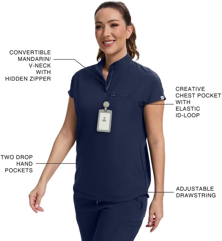 Kitmaz Women's Scrub Set - Convertible Mandarin/V-Neck Top & Straight Pants, 13 Pockets, Wrinkle & Splash Resistant Fabric - Image 3