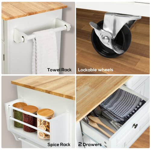 Tusy 43" Kitchen Island With Storage, Rolling Kitchen Cart With Lockable Wheels, Solid Wood Tabletop Kitchen Island Table For Kitchen, Living Room, White #TOP4