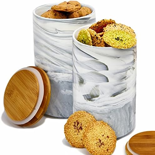2pc Porcelain Kitchen Canister Set with Bamboo Lids Holds 8 Inches Tall Holds 60oz - Grey Marble Containers with Airtight Seal โ Sugar, Coffee, Flour or Food Storage Jar - by Marbelous