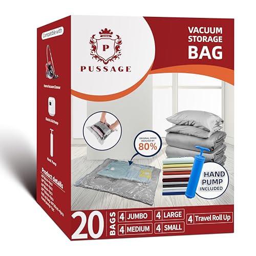PUSSAGE 20 Vacuum Storage Bags - Space Saver - Compression bags for Clothes, Bedding & Travel-Airtight, Durable & Leakproof Packing for Moving & Storage - seal bags with FREE hand pump included